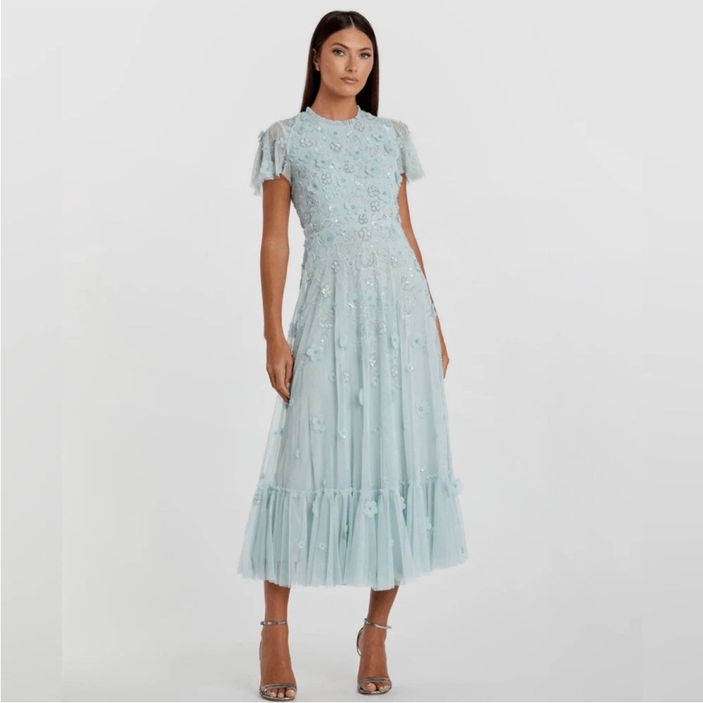 NWT Mac Duggal Powder Blue Embellished High Neck Cap Sleeve A Line Dress Size 18